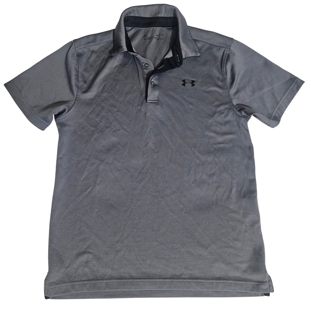 Under Armour Mens HeatGear Polo Shirt Gray Striped Performance Golf Small Loose